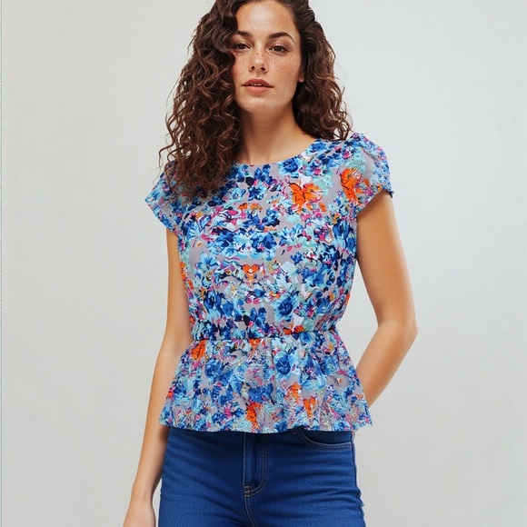 Halogen floral short sleeve flounce/ ruffle/ peplum top ❤️ - Picture 1 of 6